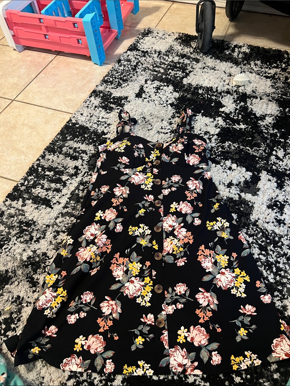 NOBO Black Mini Dress with Pink and Yellow Floral Print and Front Buttons